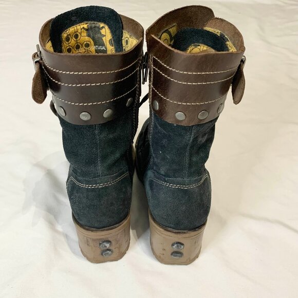 Fly London Sz 6.5 Yip Black Suede Leather Buckle Lace Up Block Heel Ankle Boots - Picture 10 of 15